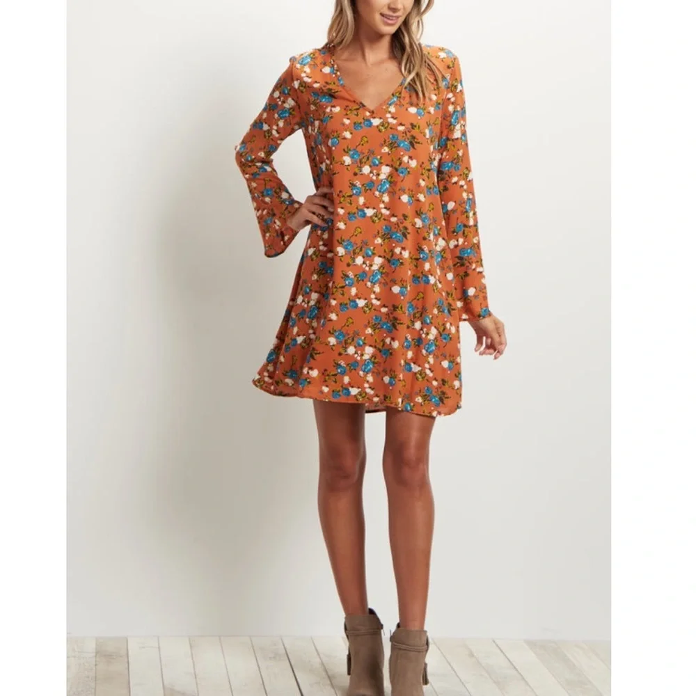 Pinkblush Rust Floral Printed V-Neck Chiffon Maternity Dress NWT Size Medium - Picture 4 of 11